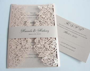 Rose Wedding Invitation, Wedding Invitation, Floral Invite, Laser Cut Wedding Invitation, Roses Wedding Invite, Wedding Invite, ROSETTE