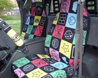 1 Set of Nintendo Super Mario Super Mario Patches Print,, Seat Covers and Steering Wheel Cover Custom Made.