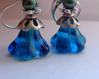 Teal Green Flower Earrings, Flower Earrings, Green Earrings, Dangle Earrings