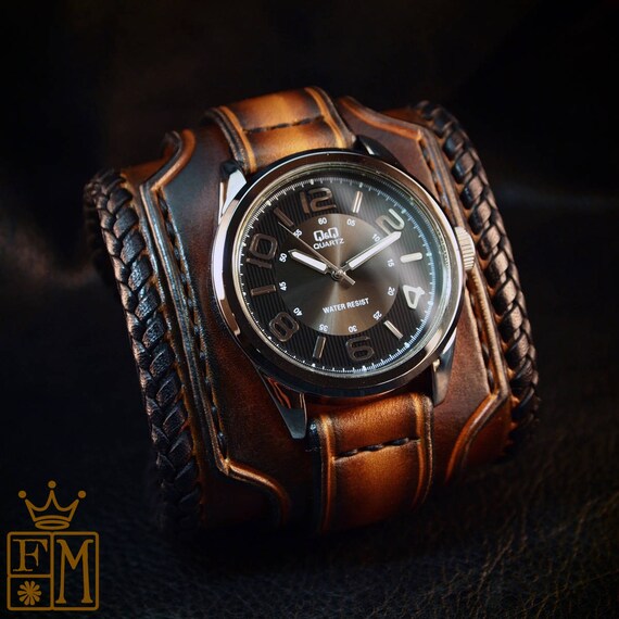 Leather cuff watch Tobacco sunburst wide layered laced edge Brown watch band cuff Bracelet Handmade for YOU in New York by Freddie Matara