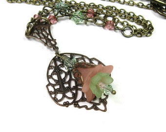 Vintaj Brass Necklace, Peach Green Floral Necklace, Gifts for Females Gardeners, Woodland Flower Jewelry, Boho Pastel Peach Flower Necklace