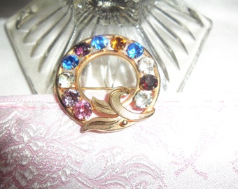 Authentic Vintage Van Dell 12K Gold Filled Multi Color Rhinestone Circle Pin Brooch