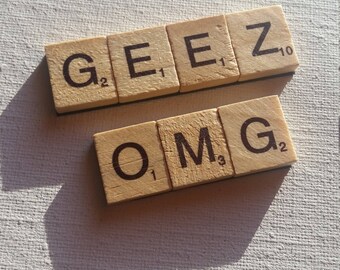 Repurposed/Scrabble tiles/refrigerator/magnet word set/boardgames/upcycled/letters/geeky/nerdy/words/kitchen/fun