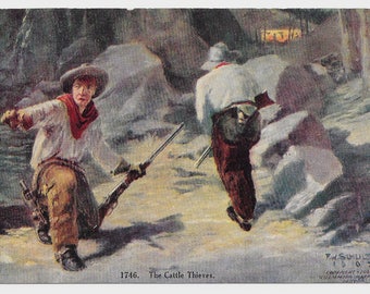 Artist-Signed Cattle Thieves Postcard, 1907