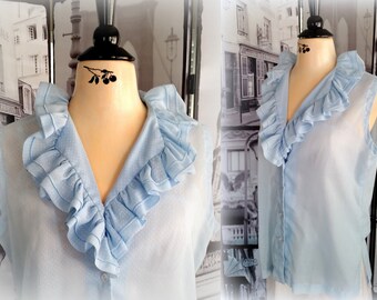70s Sleeveless Blouse - Sky Blue Dotted Swiss - Size MEDIUM - Vintage Blouse