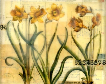 Encaustic art beeswax collage yellow flowers