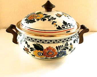 Fissler Asta Covered Casserole Pot Dish Enamel Old Amsterdam Pattern Flowers Orange Yellow Blue Germany