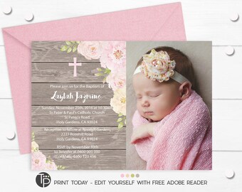 Photo Baptism Invitation, Instant Download, Editable Baptism Invitation, Girl Photo Christening invitation, Rose Baptism Invite, Editable