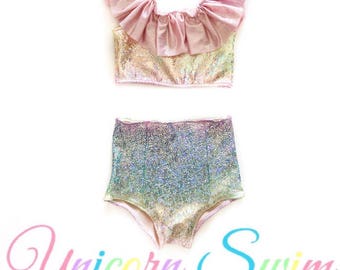 Unicorn Swim suit- high waisted bikini- ruffle swimsuit - baby toddler girls