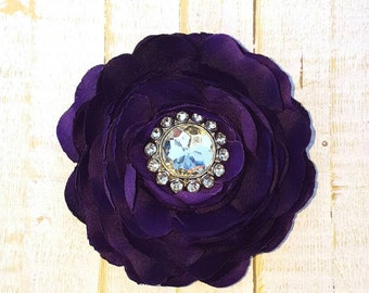 Purple Flower Clip Purple Hair Flower 3.75" Ranunculus Rhinestone Hair Clip Wedding Bridesmaid Flower Girl Purple Hair Clip Bridal Sash Pin
