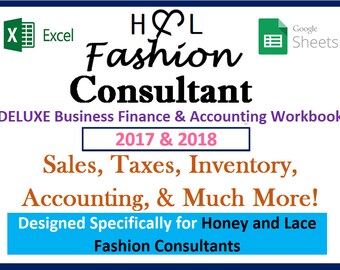 Honey and Lace 2017 & 2018 DELUXE Finance Accounting Excel Spreadsheet Workbook - Profit, Revenue, Inventory Sales, Expenses, Taxes, More!