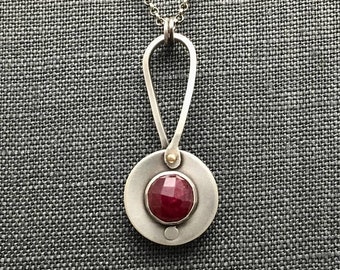 25% Off Ruby Round Faceted Cabochon 14k Gold and Silver Rivet Sterling Silver Drop Metalwork Necklace