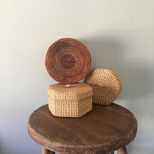 Set of Boho Vintage Woven Storage Baskets, Straw Containers, Nesting Baskets, Lidded