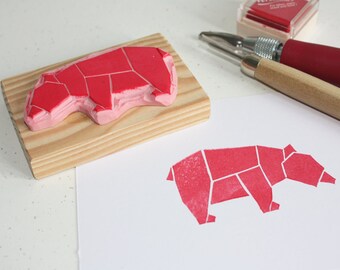 Hand-carved rubber stamp - Origami Bear