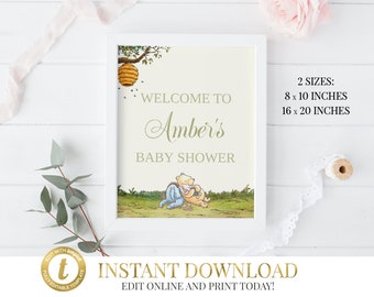 Classic Winnie The Pooh Baby Shower Welcome Sign, Winnie Pooh Sign, Welcome Baby, Winnie Door Sign, Pooh Door Sign, Personalized, Printable