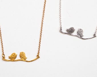 Gold love birds necklace Silver bird necklace Branch Love birds necklace Branch necklace Birds on a branch Silver love birds Mother's day