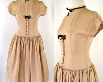 1950s Beige Tan Shirtwaist Dress by Twixtween, Needs TLC, Pin Up, Rockabilly
