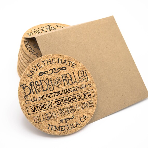 Custom Save the Date Invitation cork coasters With Envelopes