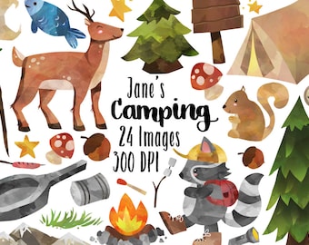 Watercolor Camping Clipart - Camping Supplies Download - Instant Download - Deer - Squirrel - Tent - Commercial Use - Pine Trees - Campers