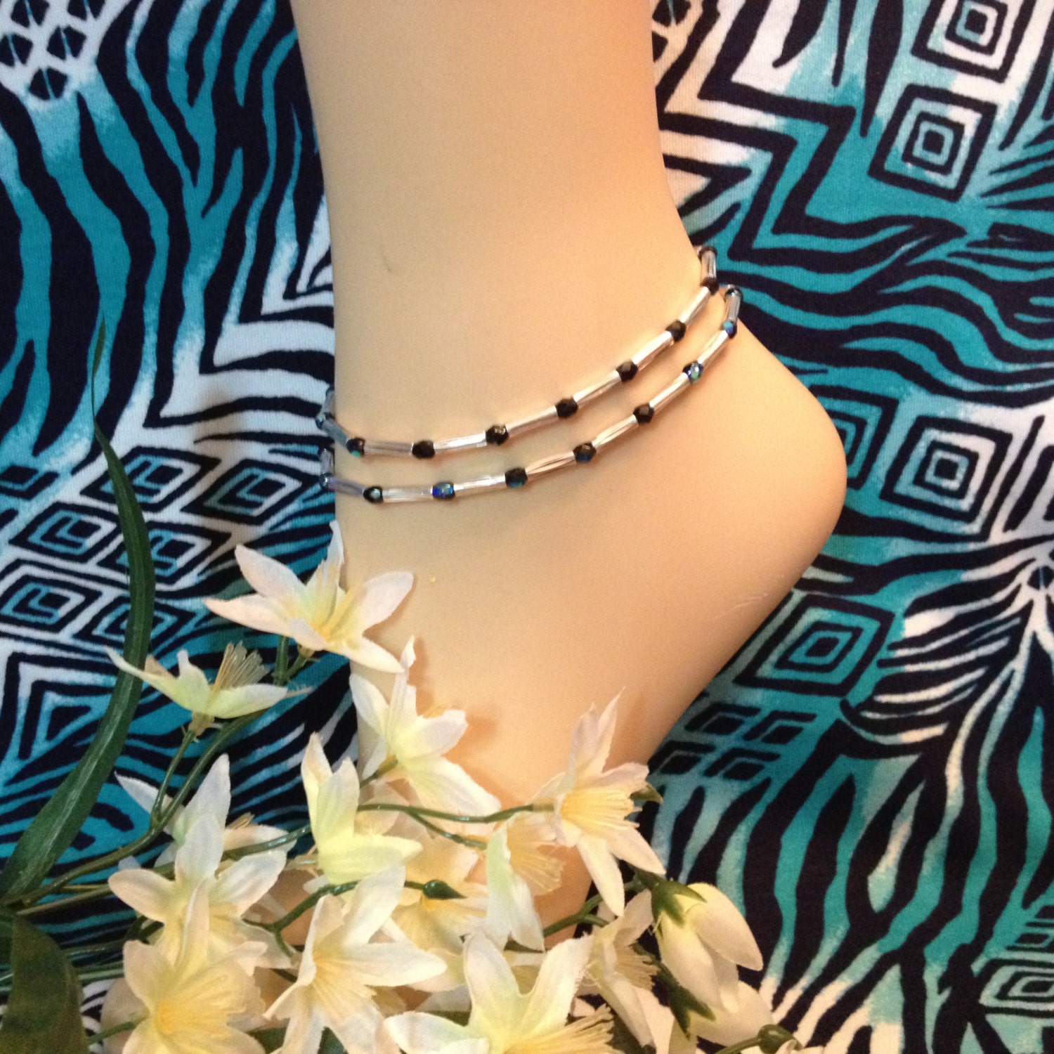 Black Anklet Set of 2 Ankle Bracelet Stretch Anklet