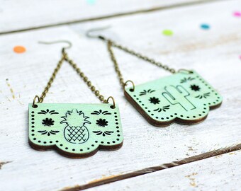 Mint Green Papel Picado Earrings, Mexican Bunting Jewellery, Dia De Los Muertos, Dangle Earrings, Nickel Free