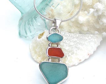 Aqua and Orange Sea Glass Necklace | Sea Glass Jewelry | Sea Glass Necklace | Sea Glass Pendant | Beach Glass Jewelry | SeaGlass Necklace