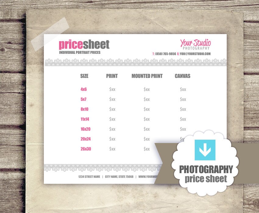 photography price list pricing sheet for photographers