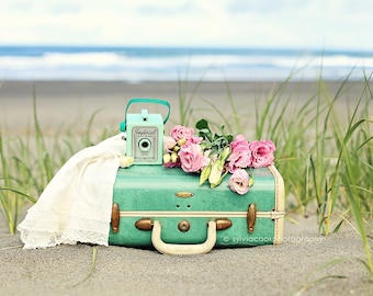 Vintage suitcase photograph,Imperial camera, shabby chic,beach,ocean,floral photography,still life,cottage decor,