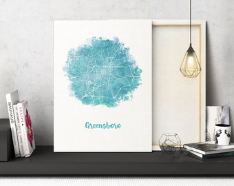 Greensboro NC Watercolor Map Greensboro North Carolina map Greensboro North Carolina wall art Greensboro NC city map Greensboro NC art print