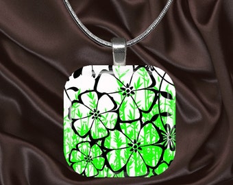 Black,Lime and White Floral Glass Tile Pendant with chain(CuFl5.3)