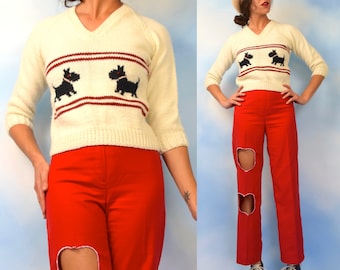 Vintage 80s 90s Scotty Dog Cropped and Fitted Sweater (size xs, small)