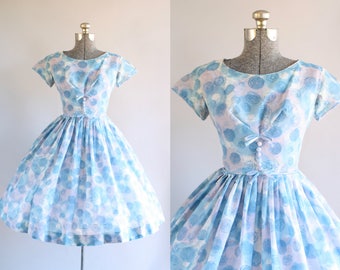 Vintage 1950s Dress / 50s Cotton Dress / Blue and White Circle Print Dress w/ Decorative Bows S
