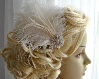 Ivory Rhinestone head piece fascinator Bridal White hairpiece headbpiece Feather Fascinator 1920s Headpiece ivory wedding fascinator