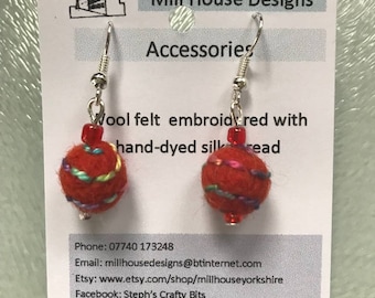 Embroidered wool felt bead earrings