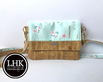 Aqua floral and faux cork small crossbody purse bag or clutch