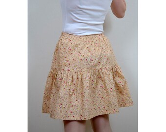 Gathered 100% cotton, printed Pink salmon to flowers pink skirt, size elasticated