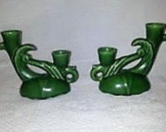 Vintage Camark Pottery Co. Arkanas 1940 #263 Pair of Green Double Candle Candleholder, Collectible, Antique, Collectible Candleholders, USA