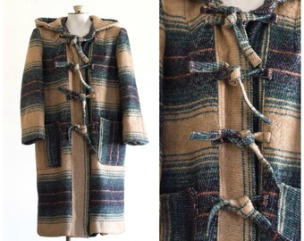 1970s brown plaid coat with hood and tie front