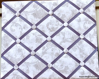 Gray and White Memory Board French Memo Board Eggplant Purple Ribbon Board Waverly Fabric Bulletin Board Message Board