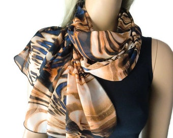 Fire and Earth Long chiffon scarf- Gorgeous colors and print- Parisian Neck Tissu