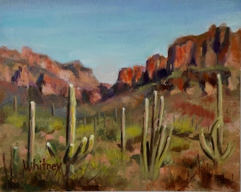Desert Landscape, Arizona Landscape, Desert Mountains, Saguaro Cactus Painting, Original Small Oil Painting on Canvas by Sue Whitney, 8x10"