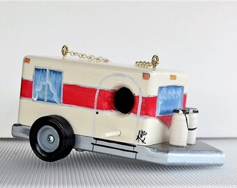 Whimsical Red and White Pull Trailer Birdhouse , Handcrafted , Hand Painted , with lots of Flowers