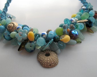 Turquoise and gold Bead Party Beaded Necklace OOAK including handmade lampworked glass beads