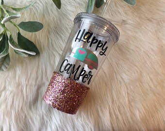 Happy Camper Glitter Mason Jar Tumbler // Glitter Mug // Mason Jar // Glitter Dipped Tumbler // Tumbler // Glitter Tumbler / Glitter Cup