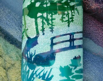 SRA Lampwork Beads "Peaceful Garden" Handmade Sandblasted Glass ~ Watercolour Iridescent Lustre Picture Bead ~ Sky & Aqua