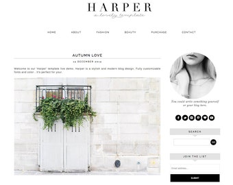 Blogger Template Premade Blog Theme Design Harper - Instant Digital Download, Simple, Black and White