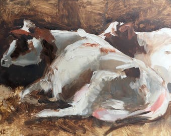 Red and white roodbont, original oil daily painting with cows, painted from life