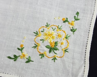Vintage Handkerchief with Yellow Embroidered Flowers