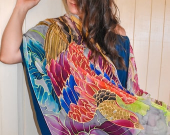 Red Phoenix Scarf, Hand Painted Silk Shawl Wrap, Japanese Scarf, Bird Scarf, Bird Painting, Silk Chiffon Scarf, Made to order