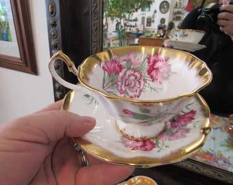 Crown Ann Bone China Cup and Saucer England Carnations